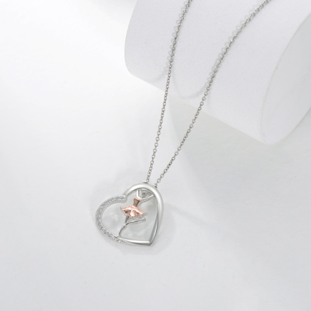 Sterling Silver Two-tone Circular Shaped Cubic Zirconia Ballet Dancer & Heart Pendant Necklace-3
