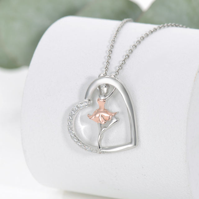 Sterling Silver Two-tone Circular Shaped Cubic Zirconia Ballet Dancer & Heart Pendant Necklace-2