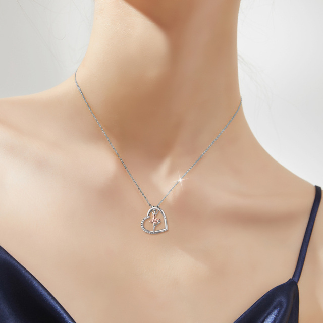 Sterling Silver Two-tone Circular Shaped Cubic Zirconia Ballet Dancer & Heart Pendant Necklace-1