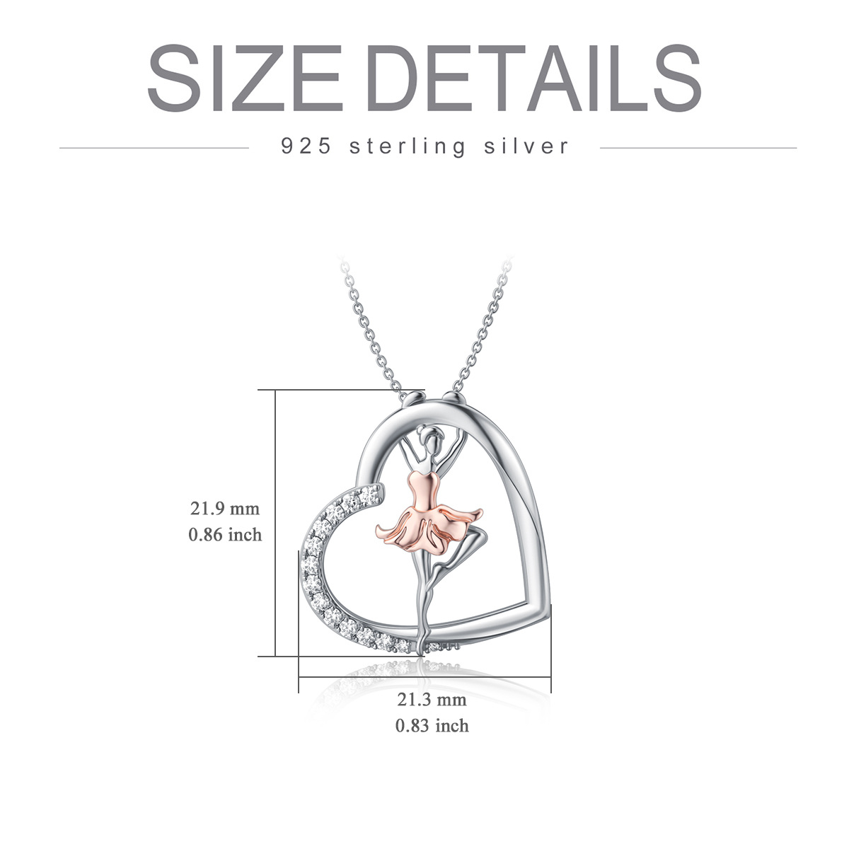 Sterling Silver Two-tone Circular Shaped Cubic Zirconia Ballet Dancer & Heart Pendant Necklace-5