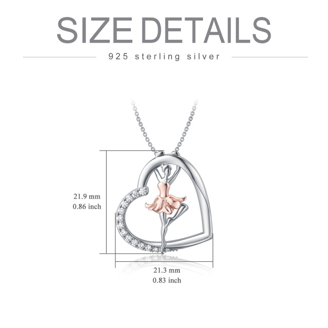 Sterling Silver Two-tone Circular Shaped Cubic Zirconia Ballet Dancer & Heart Pendant Necklace-4