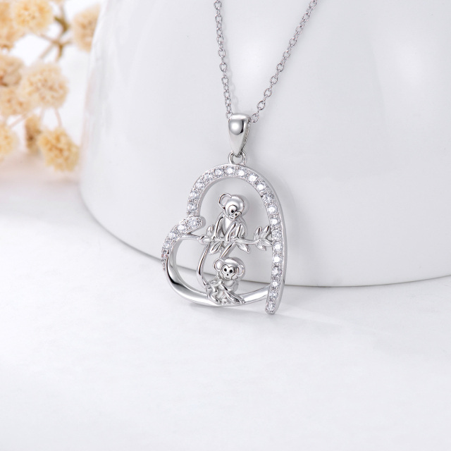Sterling Silver Circular Shaped Cubic Zirconia Monkey & Heart Pendant Necklace-3