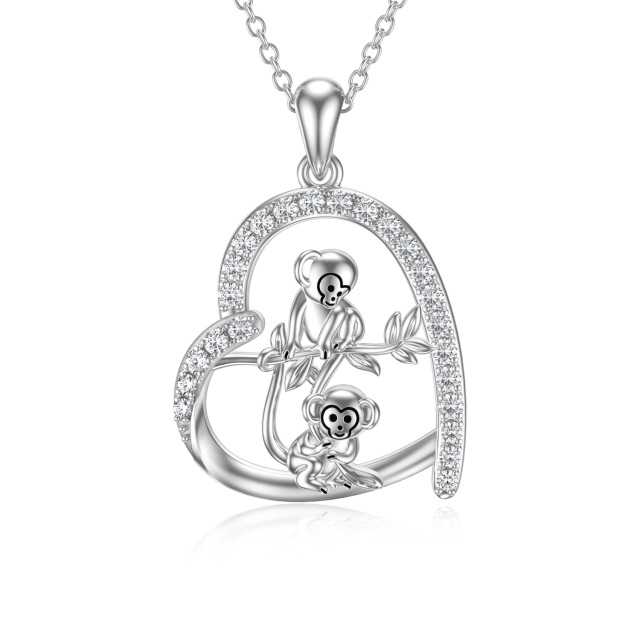 Sterling Silver Circular Shaped Cubic Zirconia Monkey & Heart Pendant Necklace-1