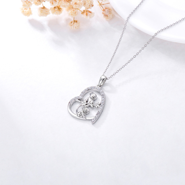 Sterling Silver Circular Shaped Cubic Zirconia Monkey & Heart Pendant Necklace-4