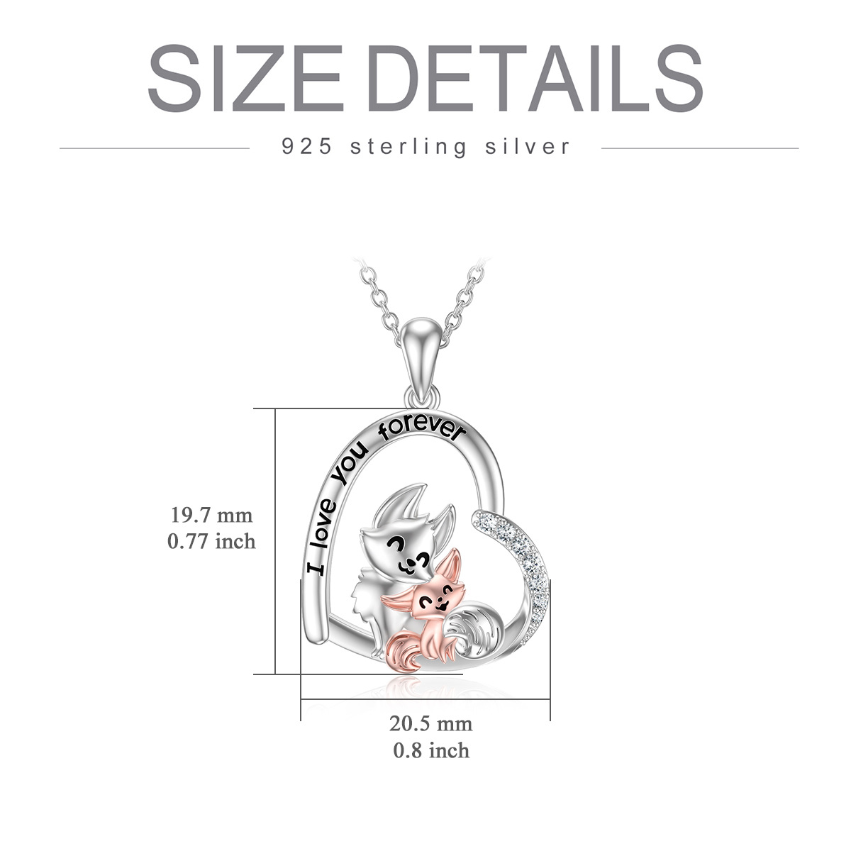 Sterling Silver Two-tone Cubic Zirconia Fox Lovers & Heart Pendant Necklace-5