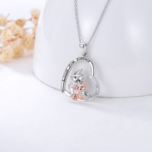 Sterling Silver Two-tone Cubic Zirconia Fox Lovers & Heart Pendant Necklace-2