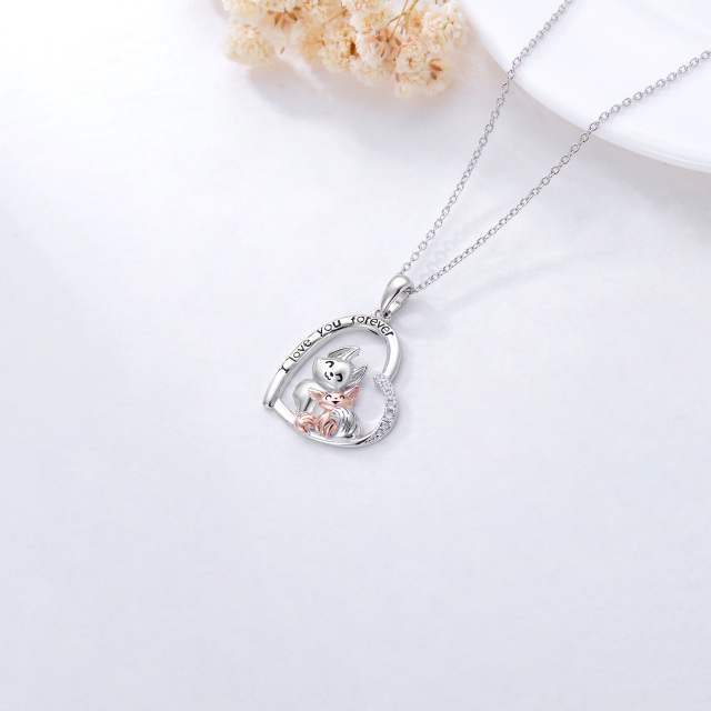 Sterling Silver Two-tone Cubic Zirconia Fox Lovers & Heart Pendant Necklace-3