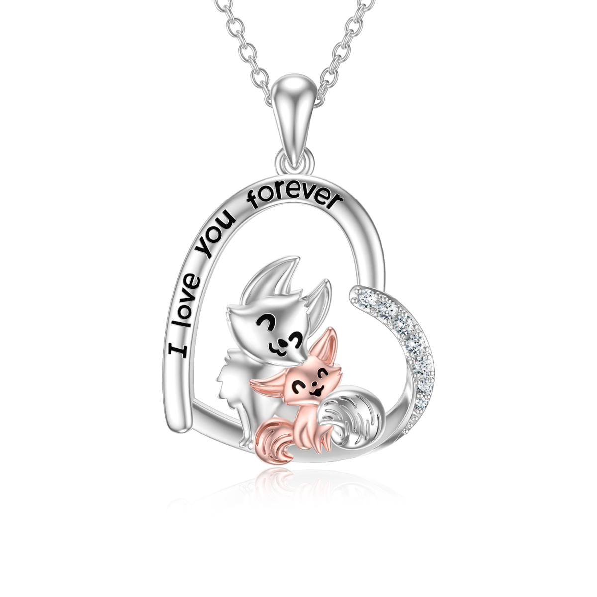 Sterling Silver Two-tone Cubic Zirconia Fox Lovers & Heart Pendant Necklace-1