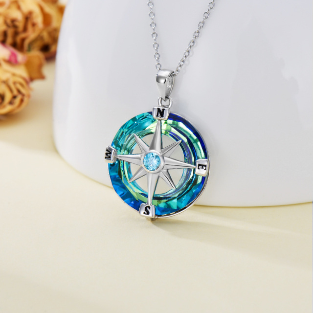 Sterling Silver Circular Shaped Compass Crystal Pendant Necklace with Initial Letter E & with Initial Letter N & with Initial Letter S & with Initial Letter W-3