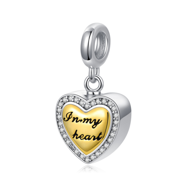 Sterling Silver Two-tone Circular Shaped Cubic Zirconia Heart Dangle Charm with Engraved Word-2