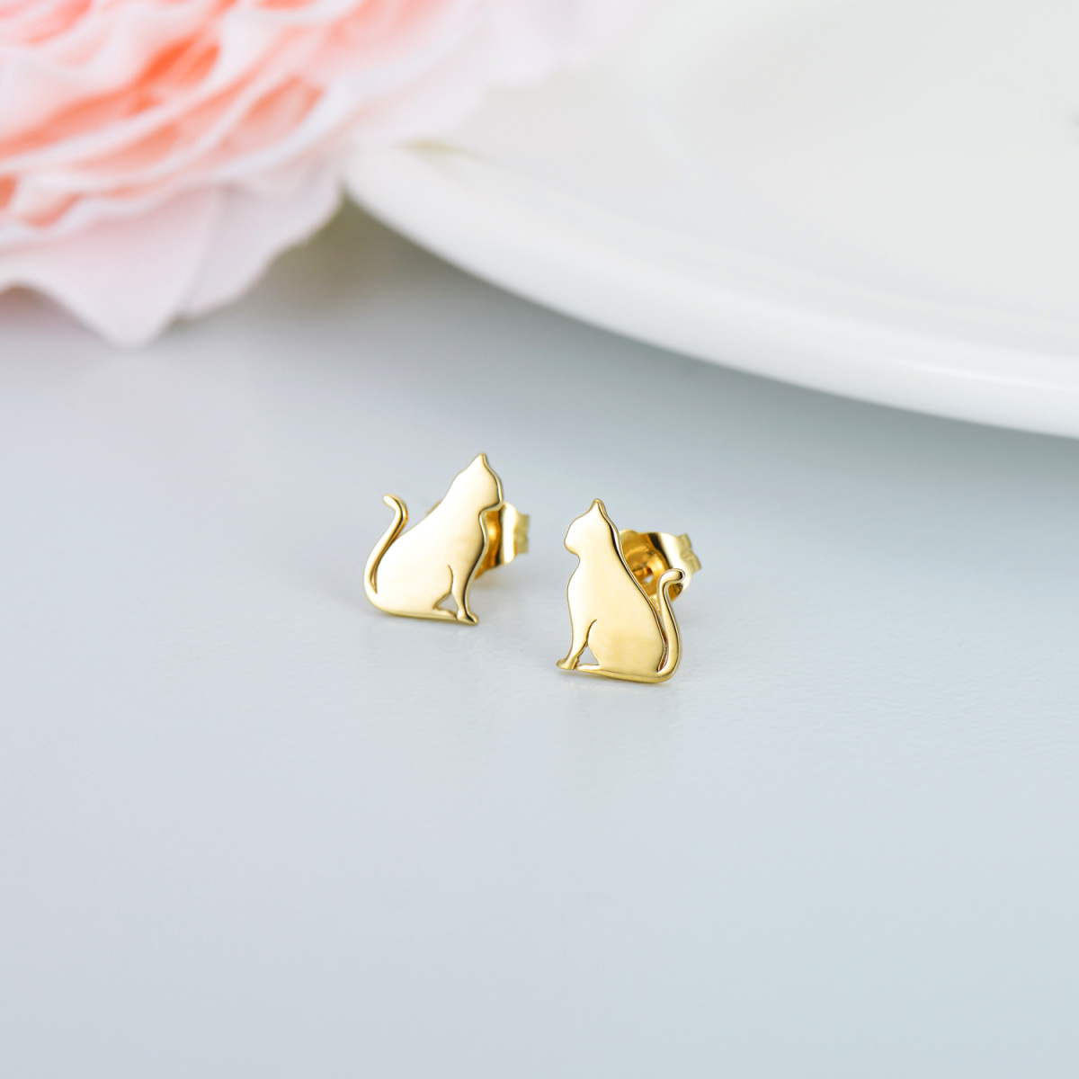 14K Gold Cat Stud Earrings-3