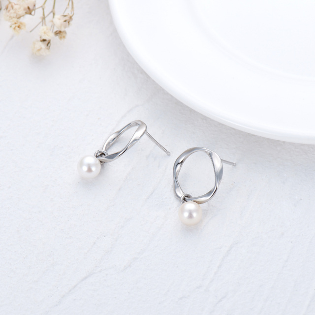 Sterling Silver Circular Shaped Pearl Circle Drop Earrings-4