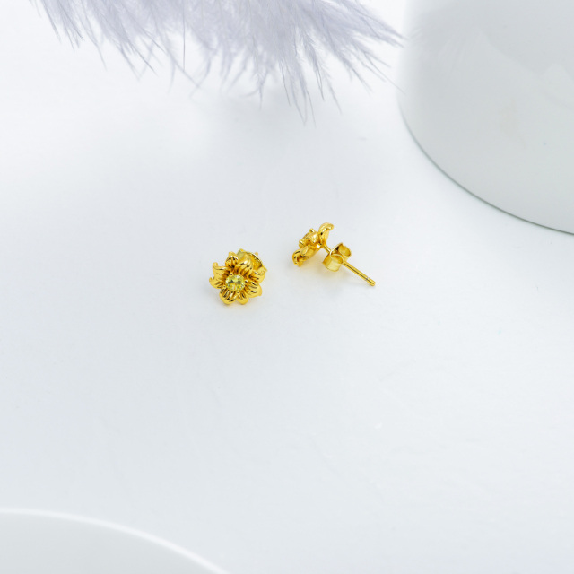 Sterling Silver with Yellow Gold Plated Circular Shaped Cubic Zirconia Sunflower Stud Earrings-4