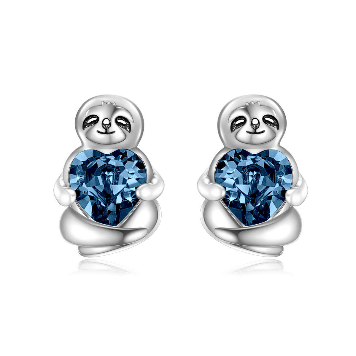 Sterling Silver Heart Shaped Crystal Sloth Stud Earrings-1