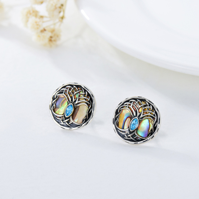 Sterling zilveren ronde schelpdieren Abalone Tree of Life Stud oorbellen-3