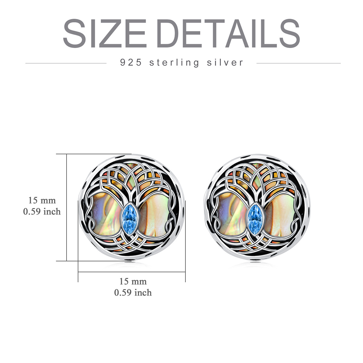 Sterling Silver Circular Shaped Abalone Shellfish Tree Of Life Stud Earrings-5