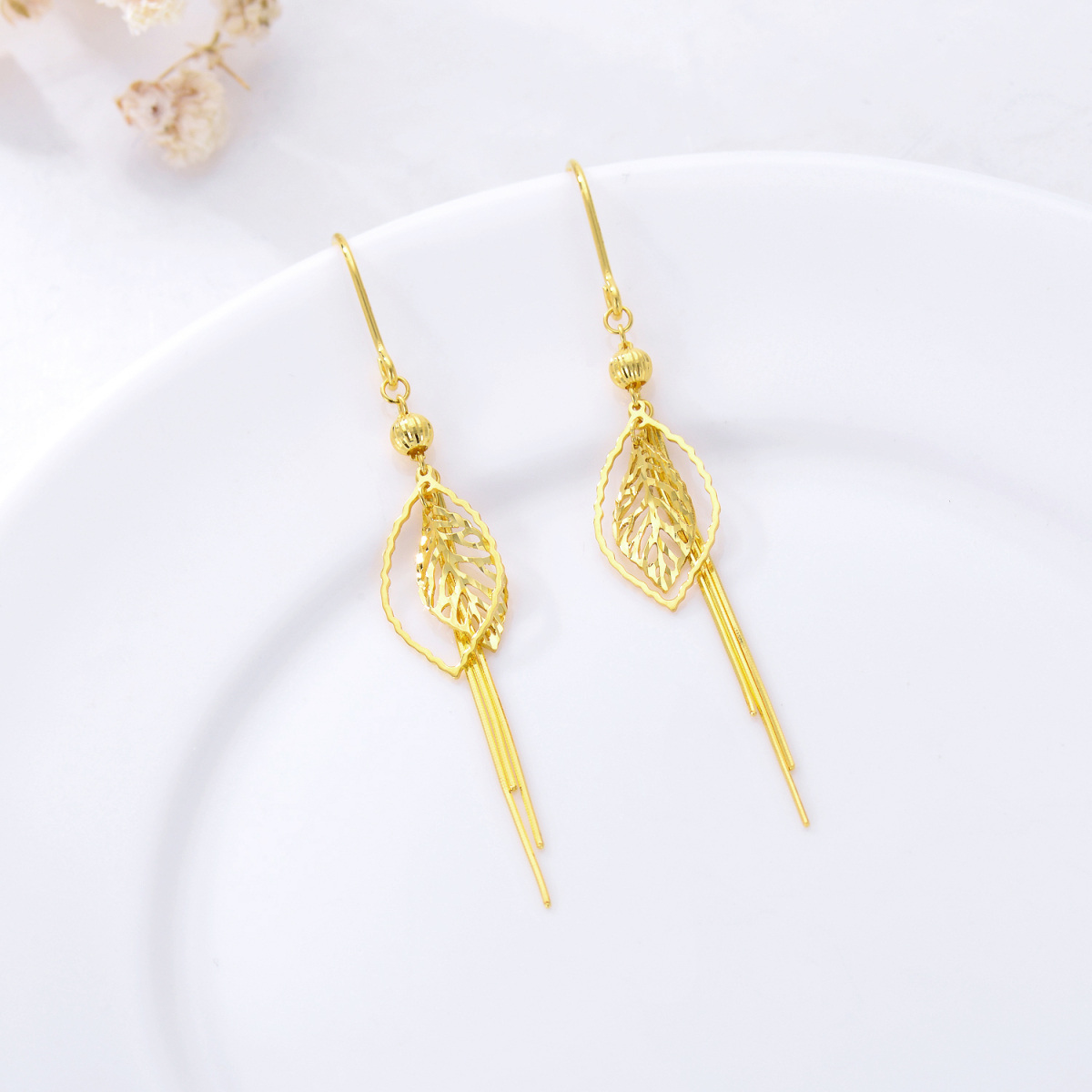 18K Gold Leaves Drop Earrings-3