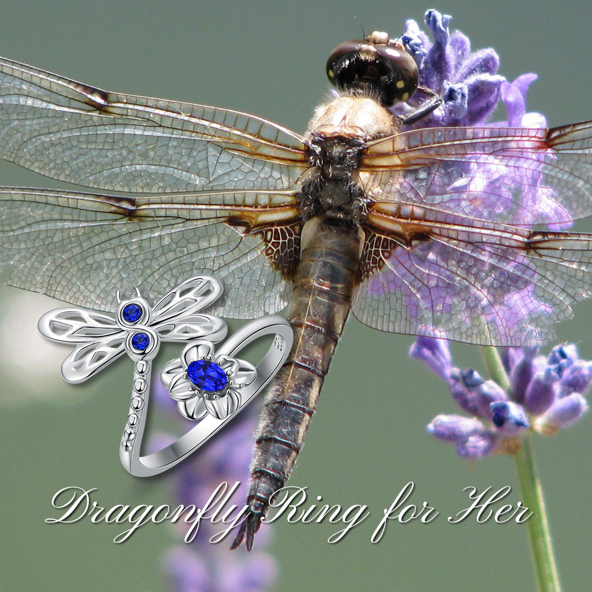 Sterling Silver Oval Shaped Crystal Dragonfly Open Ring-6