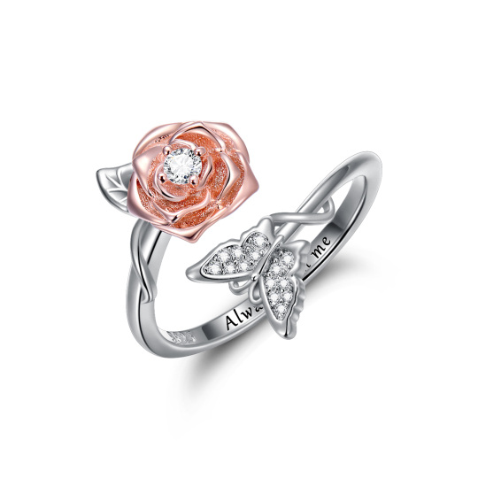 Anillo abierto de plata de ley con forma circular de circonita, mariposa y rosa con palabr