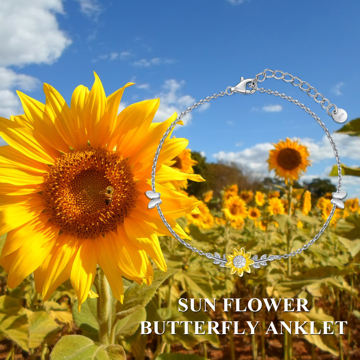 Sterling Silver Two-tone Butterfly & Sunflower Single Layer Anklet-6