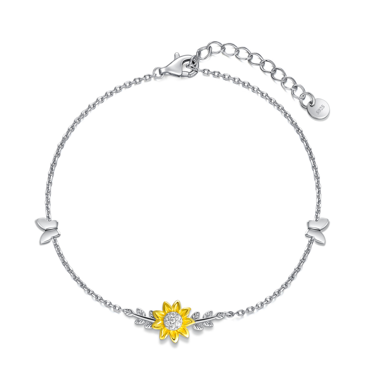 Sterling Silver Two-tone Butterfly & Sunflower Single Layer Anklet-1