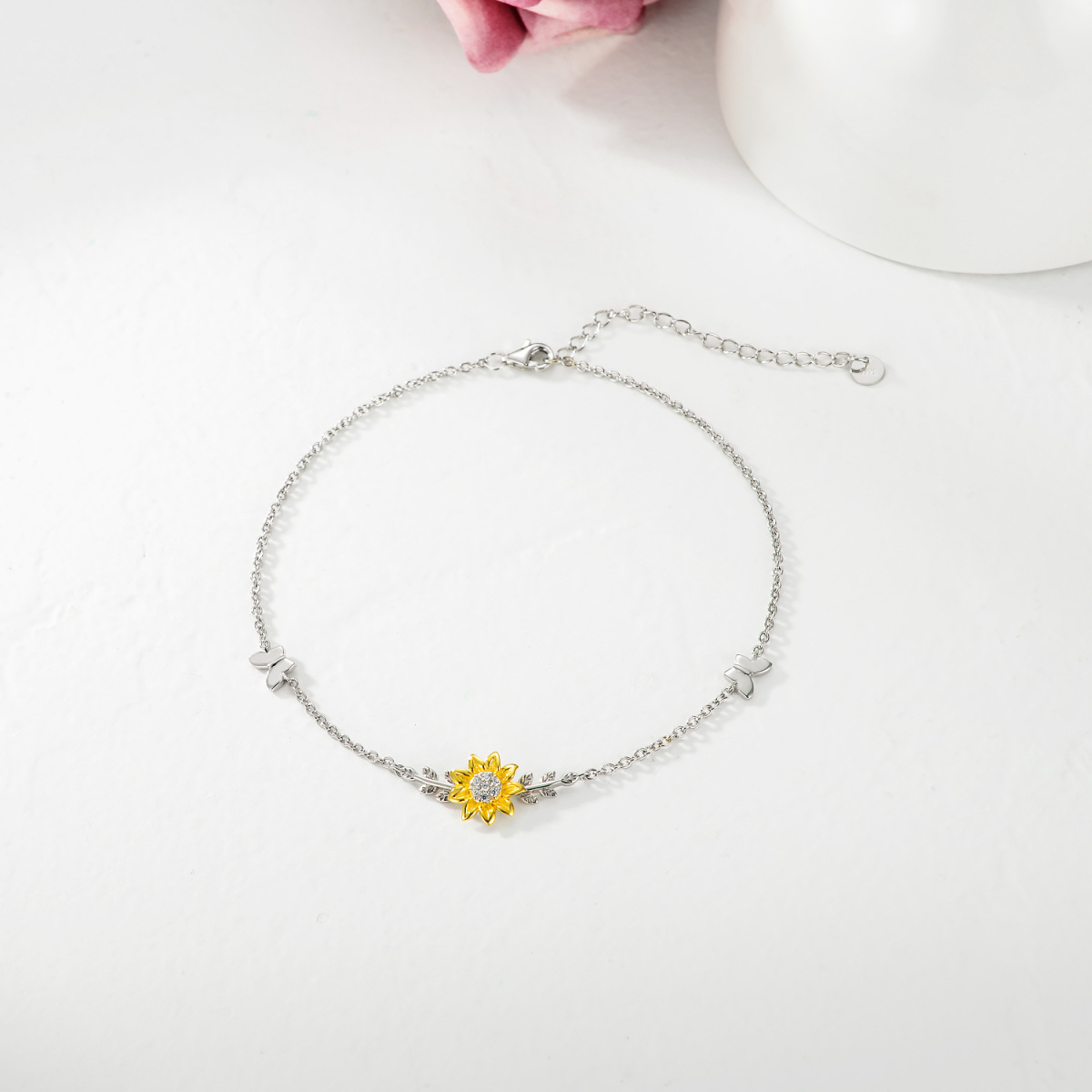 Sterling Silver Two-tone Butterfly & Sunflower Single Layer Anklet-3