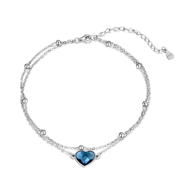 Sterling Silver Heart Shaped Crystal Heart Single Layer Anklet-1