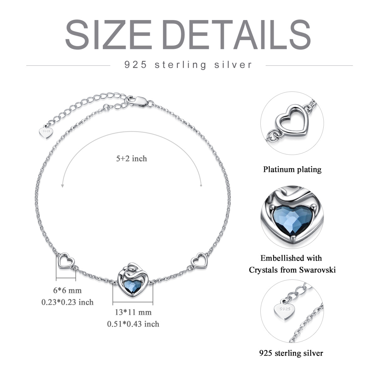 Sterling Silver Blue Heart Crystal Mother Pendant Bracelet-5