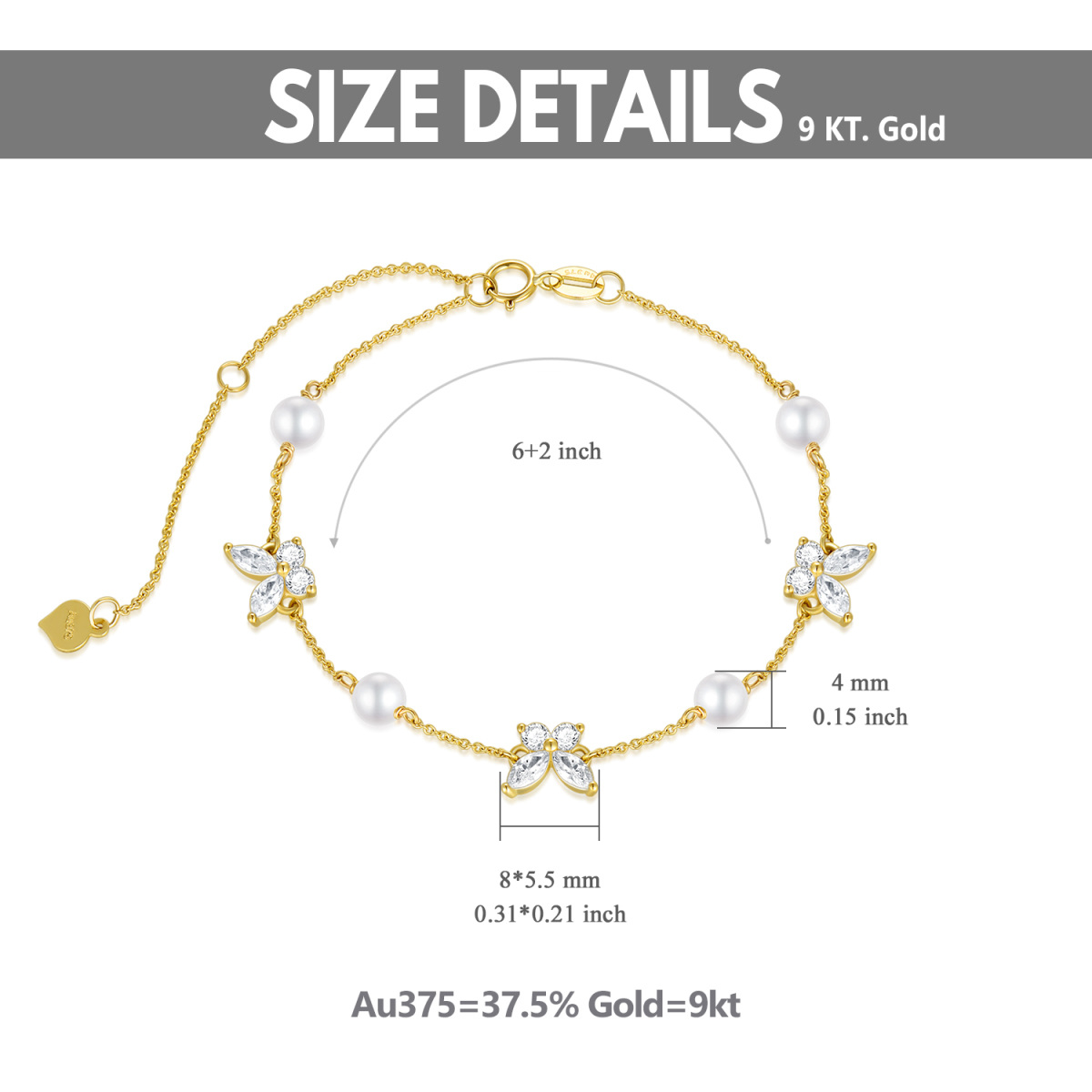 9K Gold Pearl & Cubic Zirconia Butterfly Pendant Bracelet-6