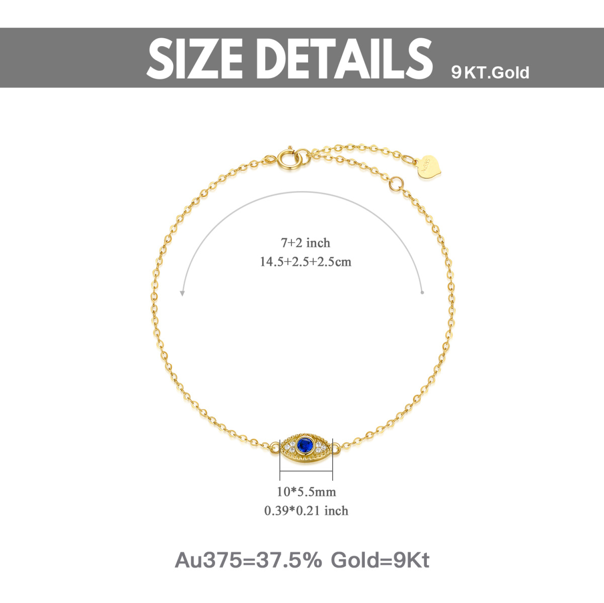 9K Gold Cubic Zirconia Evil Eye Pendant Bracelet-6
