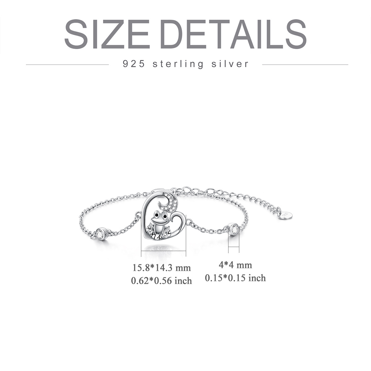 Sterling Silber Runde Zirkonia Frosch & Herz Anhänger Armband-6