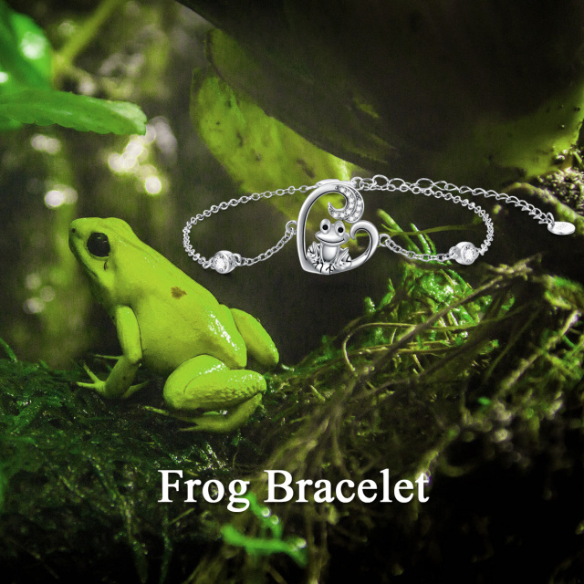 Sterling Silver Round Cubic Zirconia Frog & Heart Pendant Bracelet-4