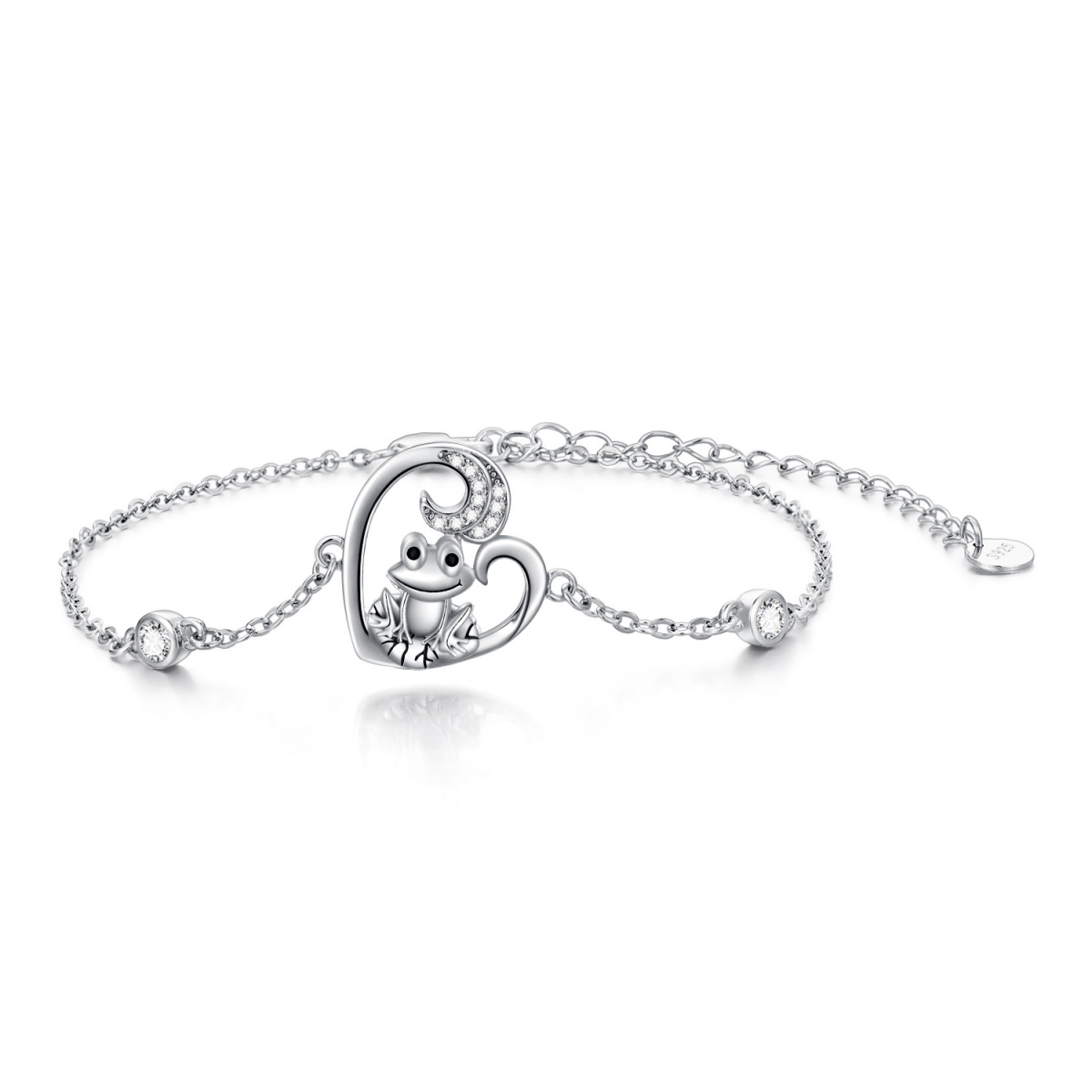 Sterling Silver Round Cubic Zirconia Frog & Heart Pendant Bracelet-1