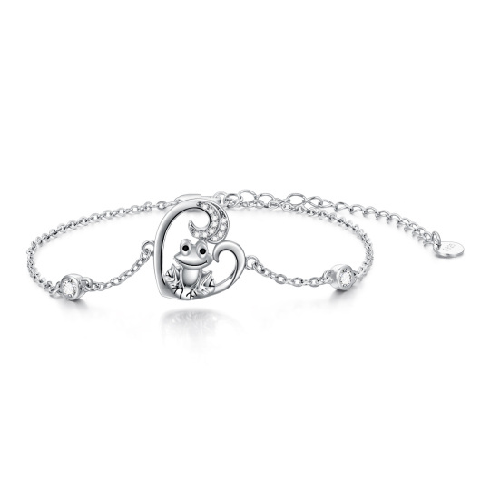 Sterling Silver Round Cubic Zirconia Frog & Heart Pendant Bracelet