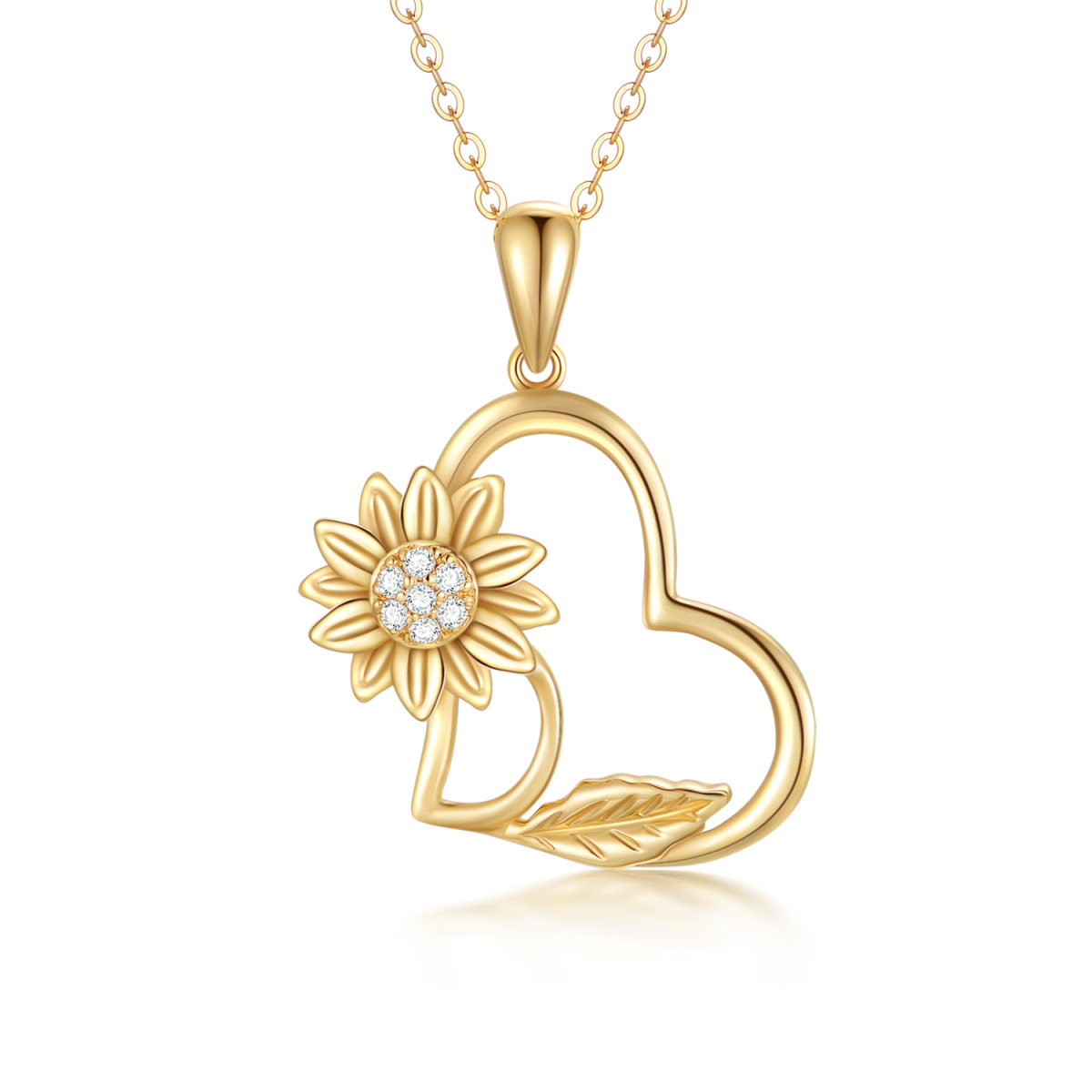 Collier en or 14K Moissanite Sunflower & Heart Pendant Necklace-1