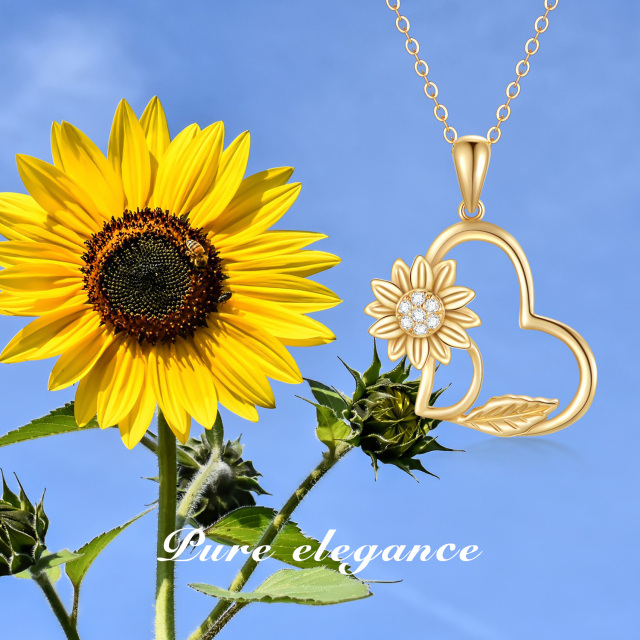 Collier en or 14K Moissanite Sunflower & Heart Pendant Necklace-2
