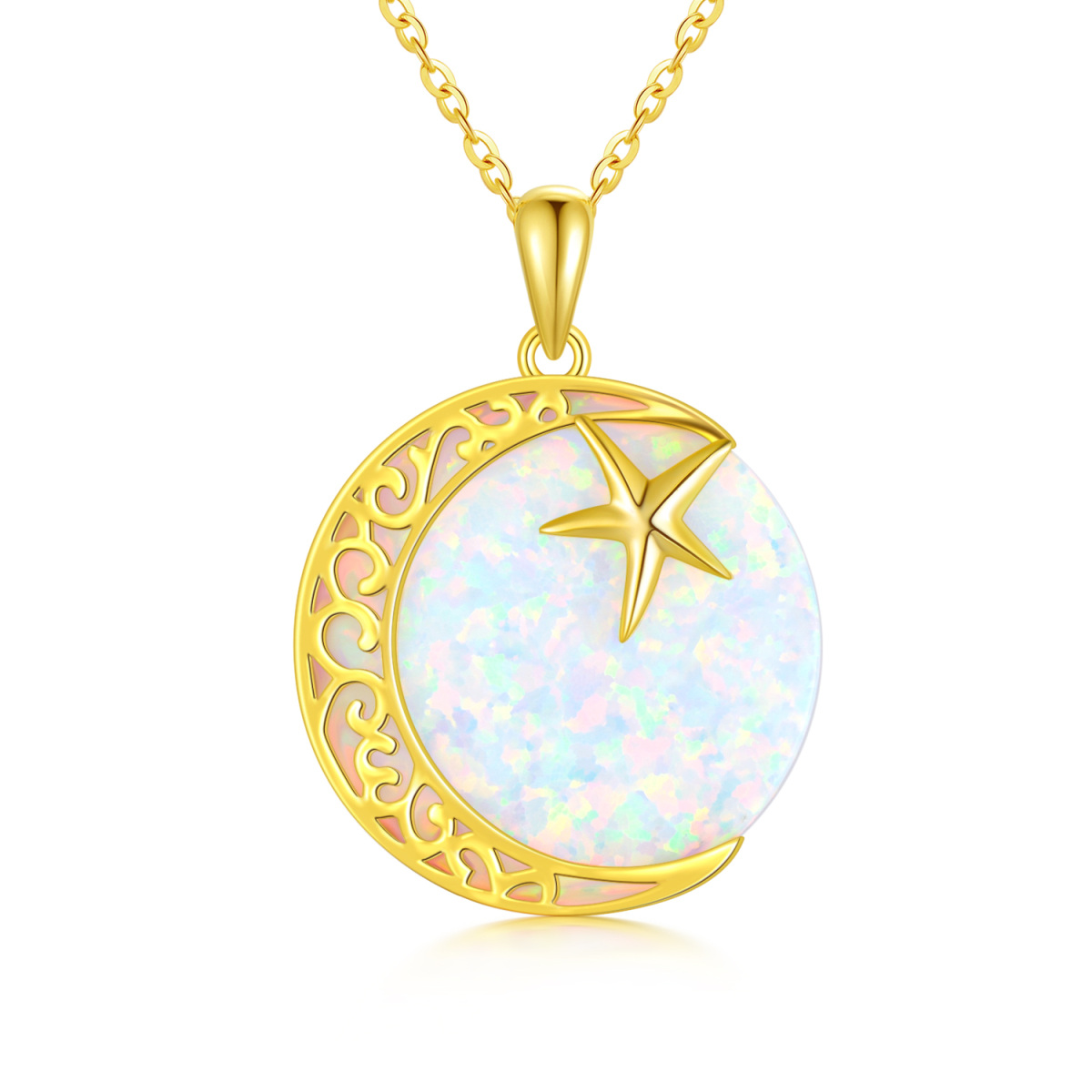 14K Gold Opal Moon Pendant Necklace-1