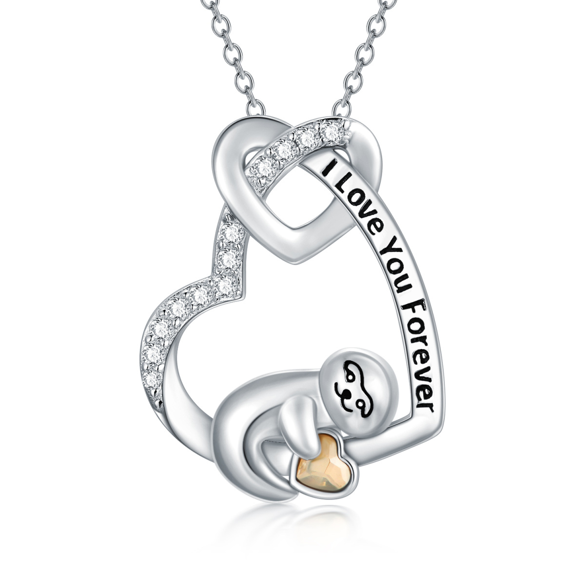 Sterling Silver Heart Shaped Crystal Sloth & Heart Pendant Necklace with Engraved Word-1