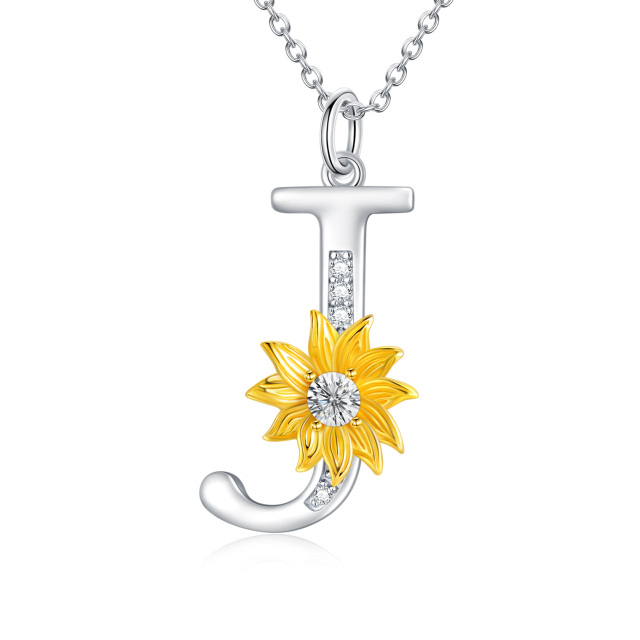 Sterling Silver Two-tone Circular Shaped Crystal Sunflower Pendant Necklace with Initial Letter J-0