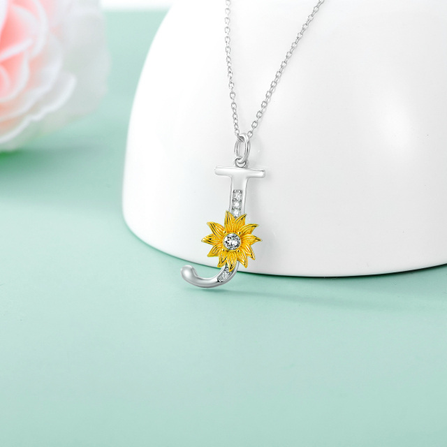 Sterling Silver Two-tone Circular Shaped Crystal Sunflower Pendant Necklace with Initial Letter J-2