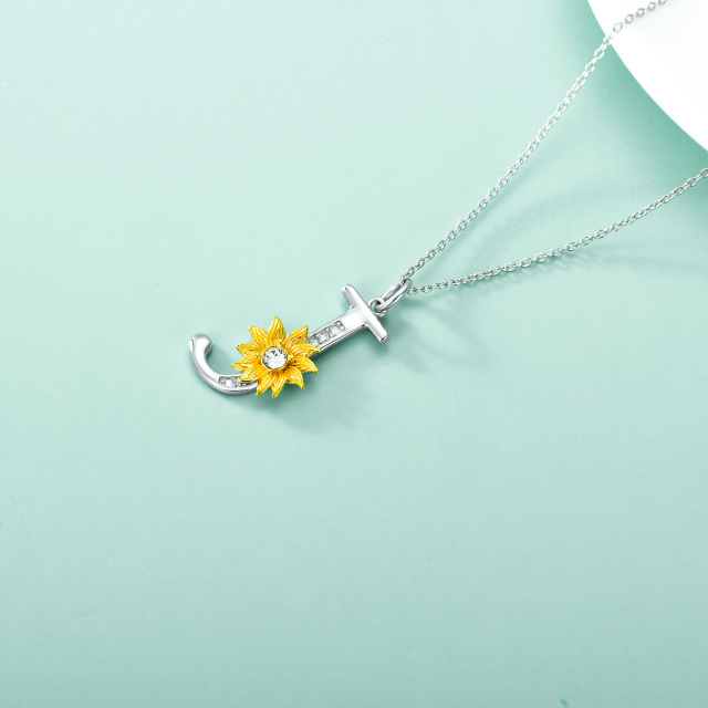 Sterling Silver Two-tone Circular Shaped Crystal Sunflower Pendant Necklace with Initial Letter J-3