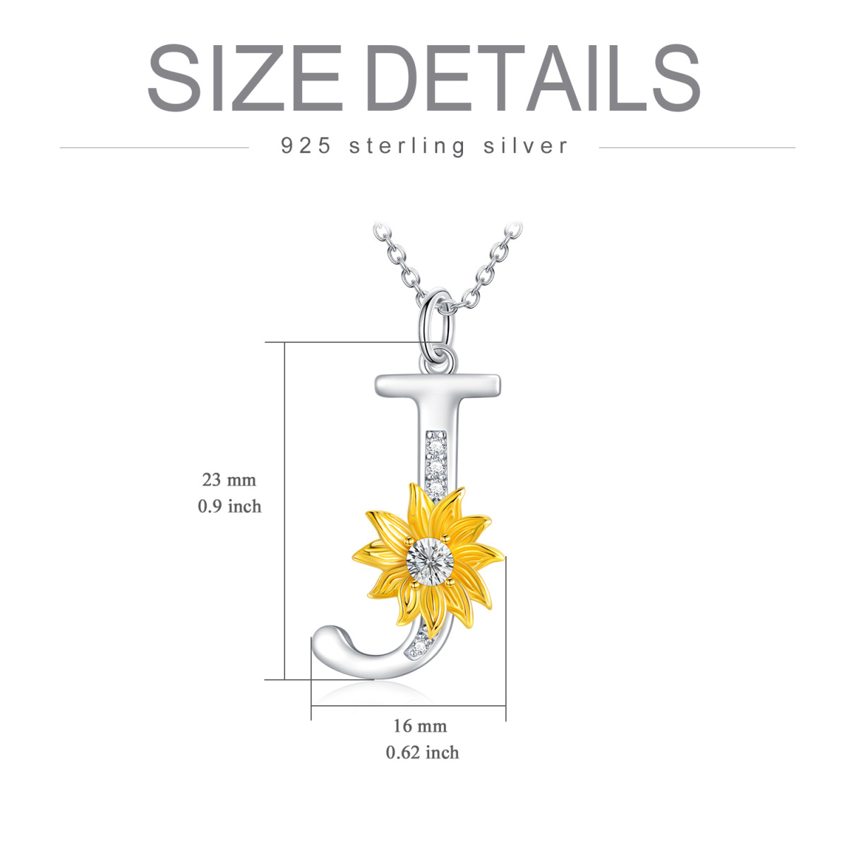 Sterling Silver Two-tone Circular Shaped Crystal Sunflower Pendant Necklace with Initial Letter J-5