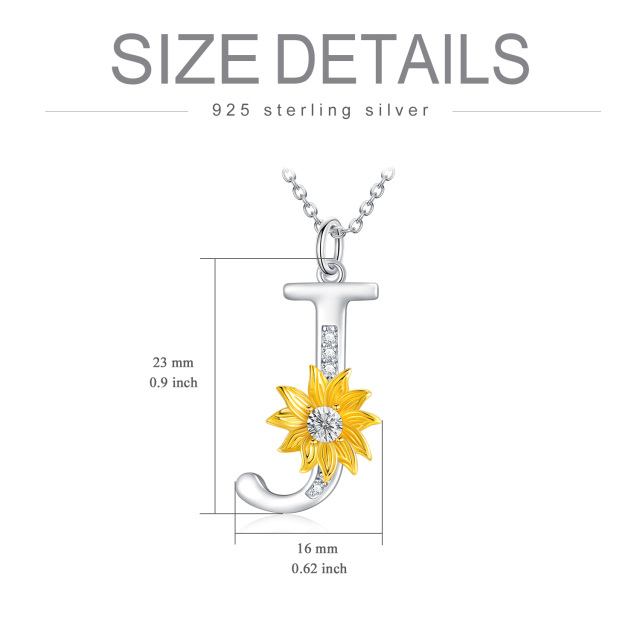 Sterling Silver Two-tone Circular Shaped Crystal Sunflower Pendant Necklace with Initial Letter J-4