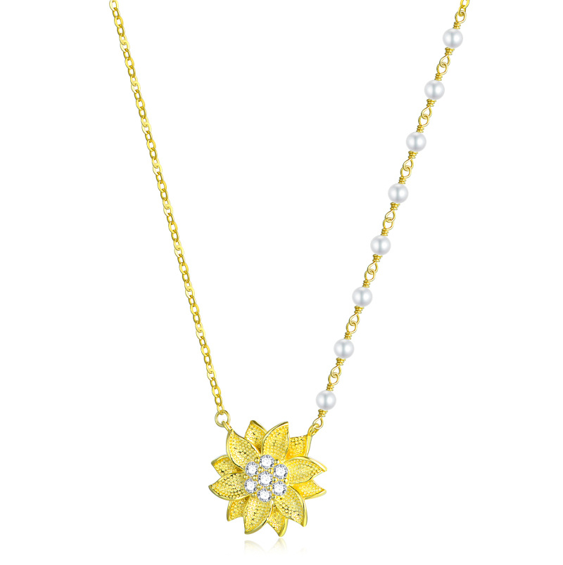 Sterling Silver with Yellow Gold Plated Circular Shaped Cubic Zirconia & Pearl Sunflower Pendant Necklace