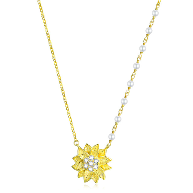Halskette mit Sonnenblumen-Anhänger aus Sterlingsilber mit Gelbgold-Plattierung und kreisförmigen Zirkonia-Perlen-0