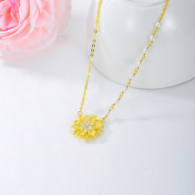 Sterling Silver with Yellow Gold Plated Circular Shaped Cubic Zirconia & Pearl Sunflower Pendant Necklace-2