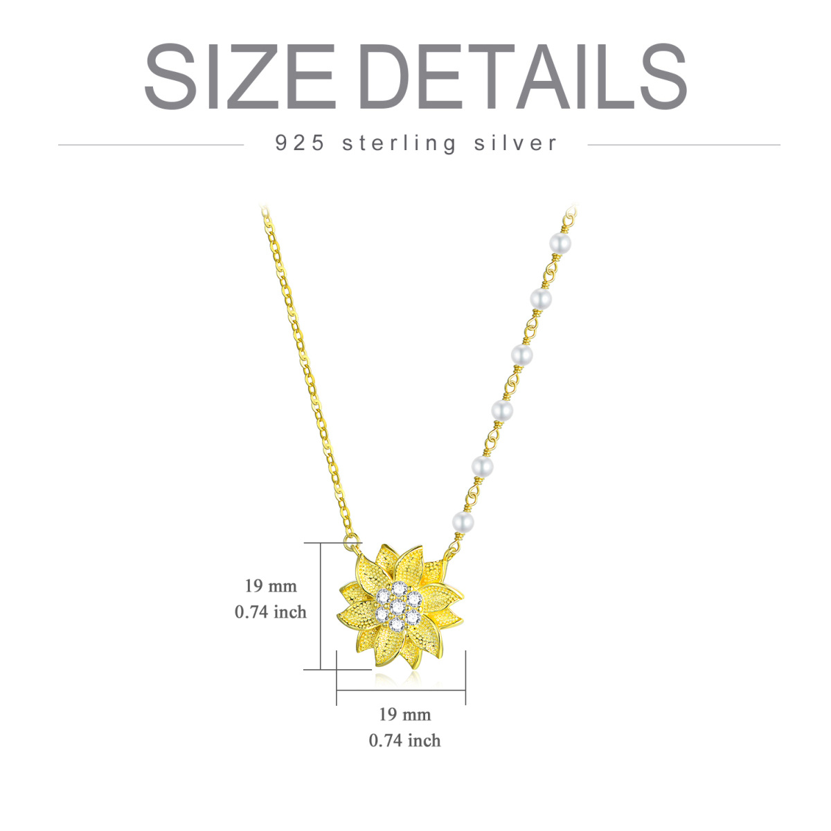 Sterling Silver with Yellow Gold Plated Circular Shaped Cubic Zirconia & Pearl Sunflower Pendant Necklace-5