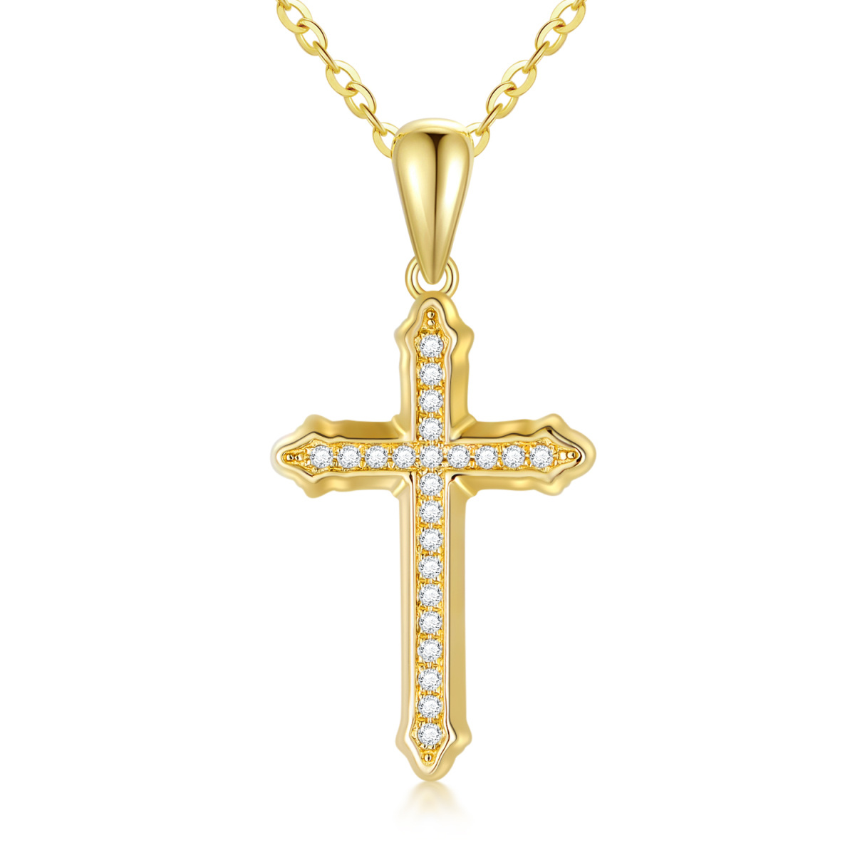 14K Gold kreisförmiger Moissanit Kreuz Anhänger Halskette-1