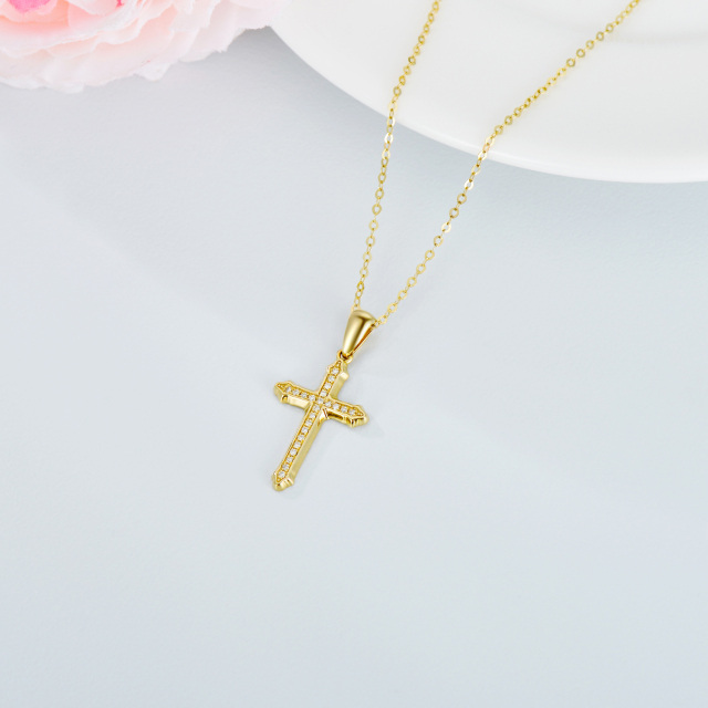 14K Gold kreisförmiger Moissanit Kreuz Anhänger Halskette-3