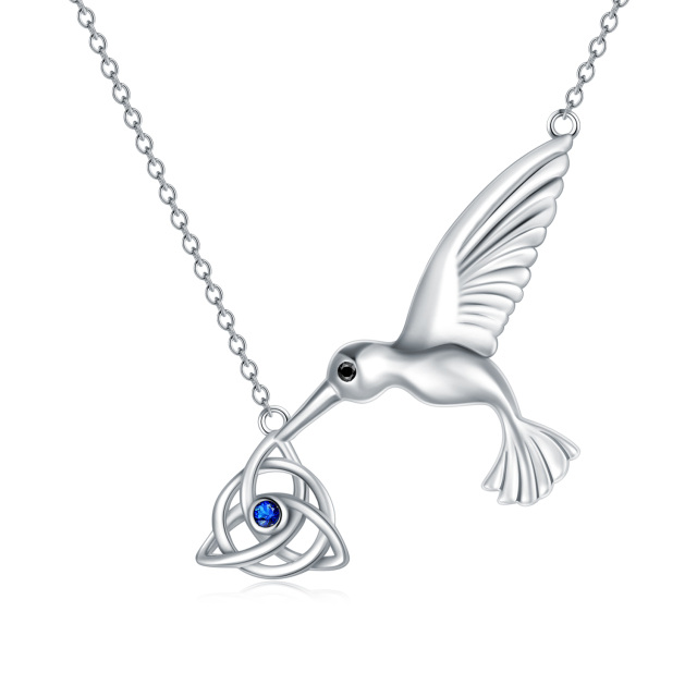 Sterling Silver Circular Shaped Cubic Zirconia Hummingbird & Celtic Knot Pendant Necklace-1